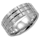 A brushed  white gold wedding band with complicated notch detailing.