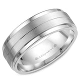 A white gold wedding band with a brushed center and polished edges.