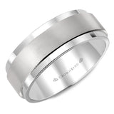 A white gold wedding band with a brushed center.