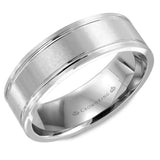 A white gold wedding band with a brushed center and line detaling.