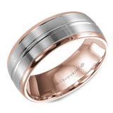 A rose gold wedding band with a brushed white gold center.