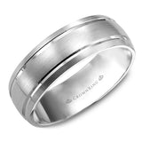 A brushed white gold wedding band with line detailing.