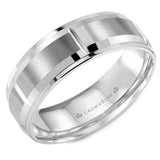 A brushed white gold wedding band with notch detailing and beveled edges.