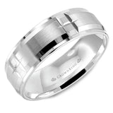 A white gold wedding band with a brushed center and notch detailing. 