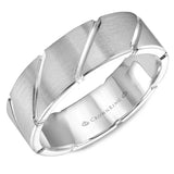 A white gold wedding band with with diagonal notch detailing. 