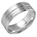 A white gold wedding band with a brushed finish and line detailing.