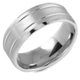 A white gold wedding band with line detailing.