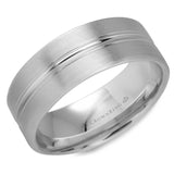 A white gold wedding band with a brushed finish and line detailing.