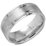 A polished white gold wedding band with a brushed center and notch edges.
