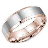 A rose gold wedding band with a brushed white gold center and beveled edges. 