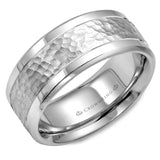 A white gold wedding band with a hammered center.