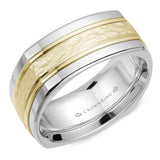 A soft square white gold wedding band with a hammered yellow gold center. 