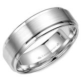 A white gold wedding band with a brushed center and polished edges. 