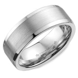 A white gold wedding band with a brushed center and polished edges. 