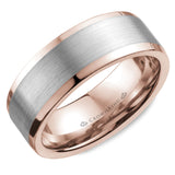 A wedding band in rose gold with a brushed white gold center and polished edges. 