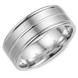 A brushed white gold wedding band with polished line detailing.