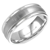 A brushed white gold wedding band with milgrain detailing and polished edges.