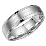 A white gold wedding band with milgrain detailing, a brushed center and beveled edges. 