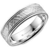 A white gold wedding band with a hammered center, line and milgrain detailing. 