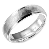 A white gold wedding band with a hammered center. 