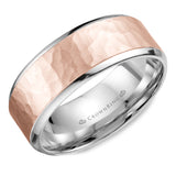 A white gold wedding band with a hammered rose gold center.
