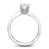 A Noam Carver white gold engagement ring with an oval centerpiece and 48 diamonds.