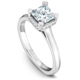 A Noam Carver white gold engagement ring with a princess cut centerpiece and 20 diamonds.