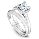 A Noam Carver white gold engagement ring with a princess cut centerpiece and 20 diamonds.