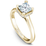 A Noam Carver yellow gold engagement ring with a princess cut centerpiece and 20 diamonds.