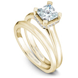 A Noam Carver yellow gold engagement ring with a princess cut centerpiece and 20 diamonds.