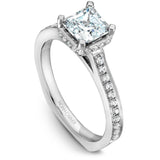 A Noam Carver white gold engagement ring with a princess cut centerpiece and 42 diamonds.