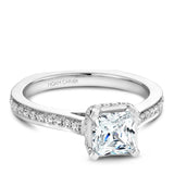 A Noam Carver white gold engagement ring with a princess cut centerpiece and 42 diamonds.