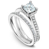 A Noam Carver white gold engagement ring with a princess cut centerpiece and 42 diamonds.
