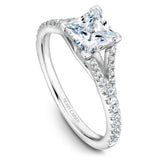 A Noam Carver white gold engagement ring with a princess cut centerpiece and 36 diamonds.