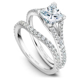 A Noam Carver white gold engagement ring with a princess cut centerpiece and 36 diamonds.