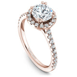A Noam Carver rose gold engagement ring with a round halo and 42 diamonds.