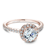 A Noam Carver rose gold engagement ring with a round halo and 42 diamonds.