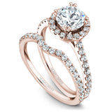 A Noam Carver rose gold engagement ring with a round halo and 42 diamonds.