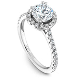 A Noam Carver white gold engagement ring with a round halo and 42 diamonds.