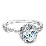 A Noam Carver white gold engagement ring with a round halo and 42 diamonds.