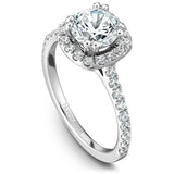 A Noam Carver white gold engagement ring with a cushion halo and 42 diamonds.