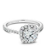 A Noam Carver white gold engagement ring with a cushion halo and 42 diamonds.