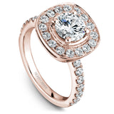 A Noam Carver rose gold engagement ring with a cushion halo and 30 diamonds.