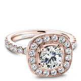 A Noam Carver rose gold engagement ring with a cushion halo and 30 diamonds.