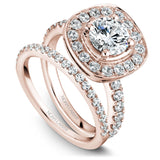 A Noam Carver rose gold engagement ring with a cushion halo and 30 diamonds.