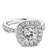 A Noam Carver white gold engagement ring with a cushion halo and 30 diamonds.