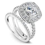 A Noam Carver white gold engagement ring with a cushion halo and 30 diamonds.