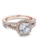 A Noam Carver rose gold engagement ring with a cushion halo, a split band and 56 diamonds.