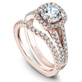 A Noam Carver rose gold engagement ring with a cushion halo, a split band and 56 diamonds.