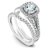 A Noam Carver white gold engagement ring with a cushion halo, a split band and 56 diamonds.